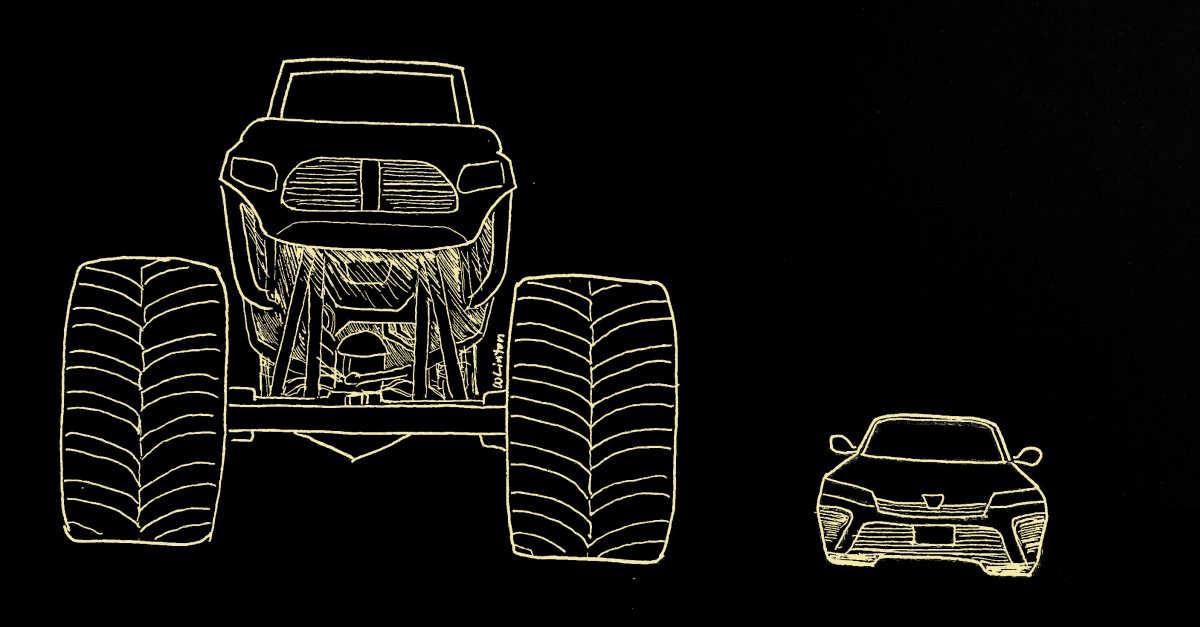 Fabulous hand drawing of a monster truck and a Honda Civic